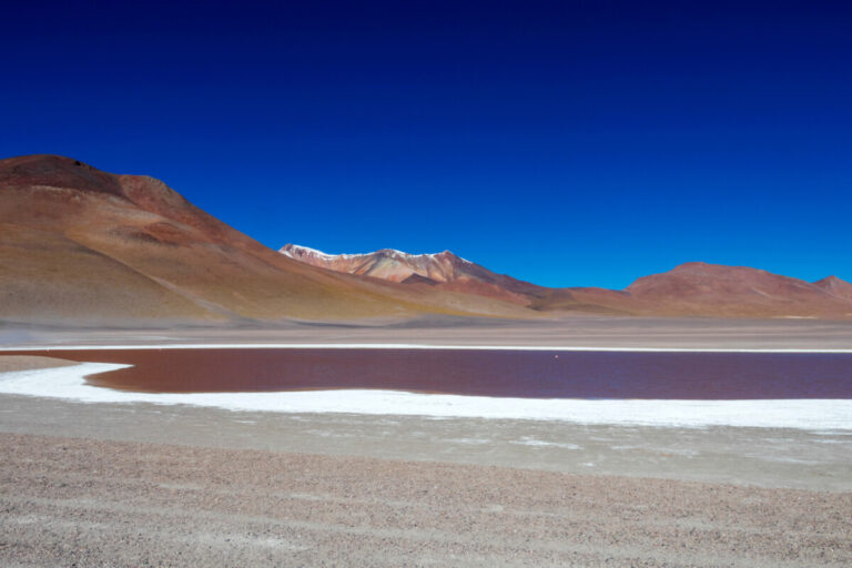 Colored Red Altiplanic Lagoon, a shallow saline lake in Eduardo Avaroa Reserve, southwest of the Altiplano of Bolivia, close to the border with Chile