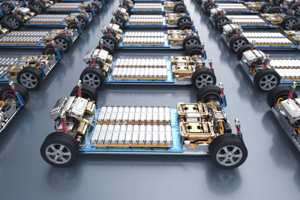 3D rendering group of electric cars with pack of battery cells module on platform in a row