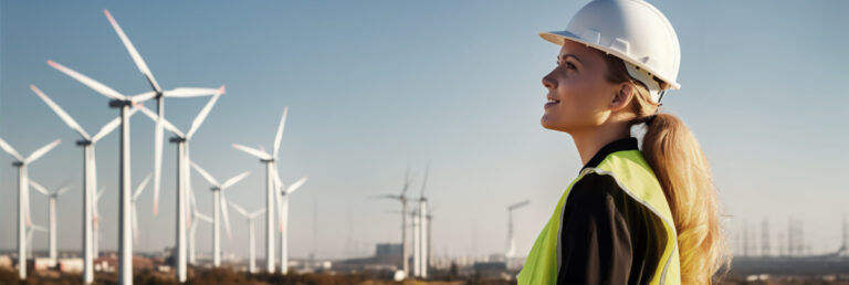 Woman Engineer in white hard hat at windmills power plant.