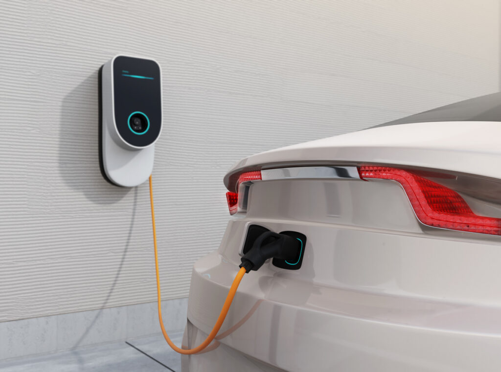 Electric vehicle charging station for home. 3D rendering image.